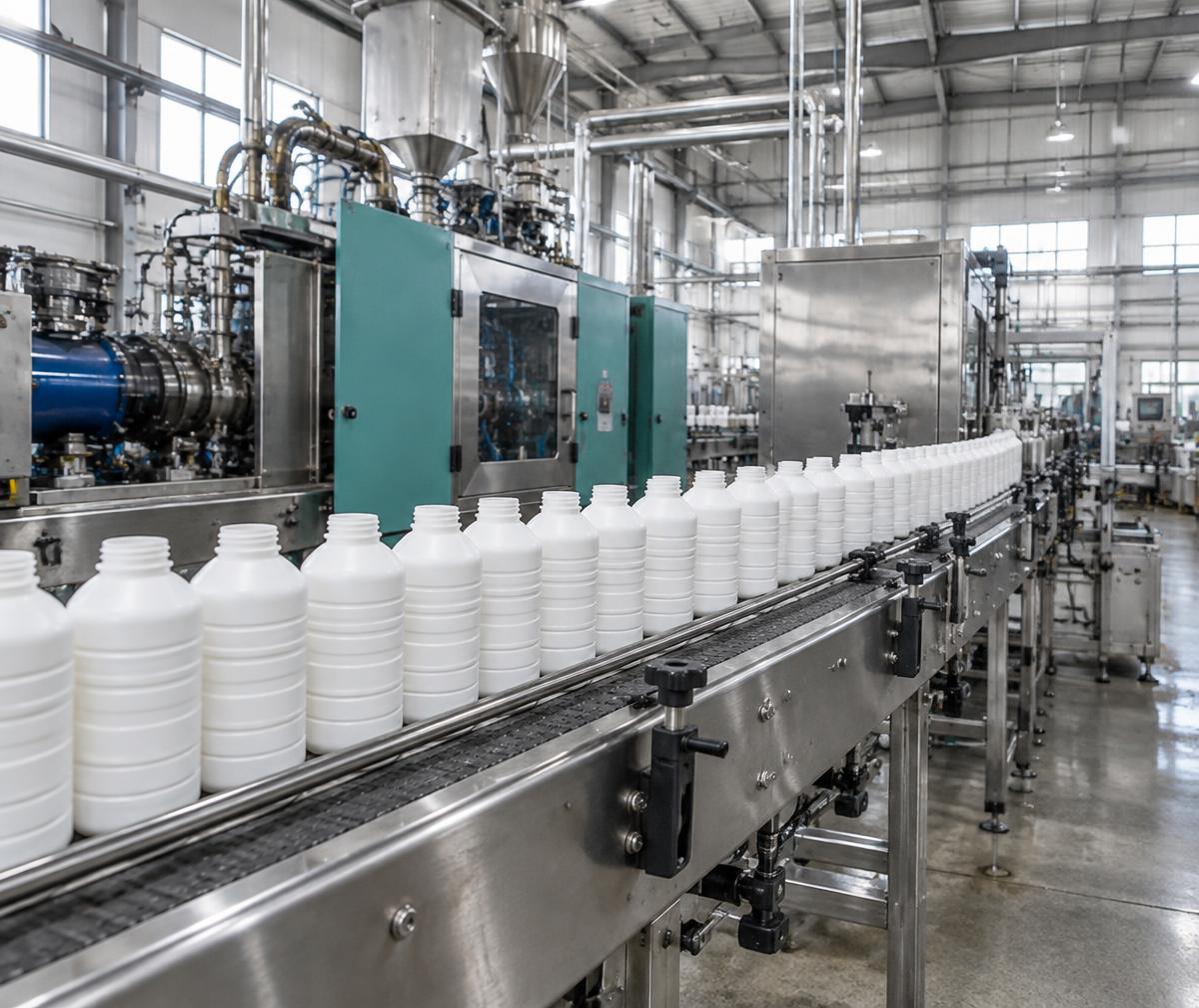White plastic bottles on a conveyor in a clean packaging production environment