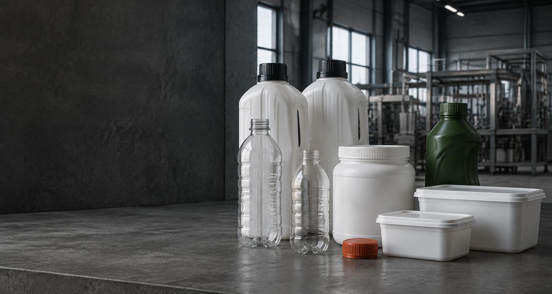 An arrangement of bottles, jars and containers in a modern manufacturing setting